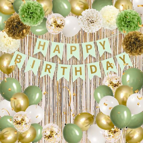 PRICES MAY VARY. Sage gree and gold party decorations：these sage green party decorations include 1 set of "Happy Birthday" banners,12" gold confetti balloons (5 ps), 12" sage green/gold/white balloons (30 pcs)), 4 pcs paper pompom flowers, 1 pc gold metallic tassel curtain (2m*1m) and 2 pcs gold ribbons to meet all your green gold birthday decoration ideas. Various party decorations：sage green party decorations provide different experiences, perfect for baby men women boys girls decoration birth Green Brunch Decor, Sage Green Birthday Party Ideas, Green Gold Party Decor, Green Birthday Decorations, Green Gold Party, Birthday Decorations Green, Sage Green Birthday, Birthday Backdrop Design, Green Birthday Party