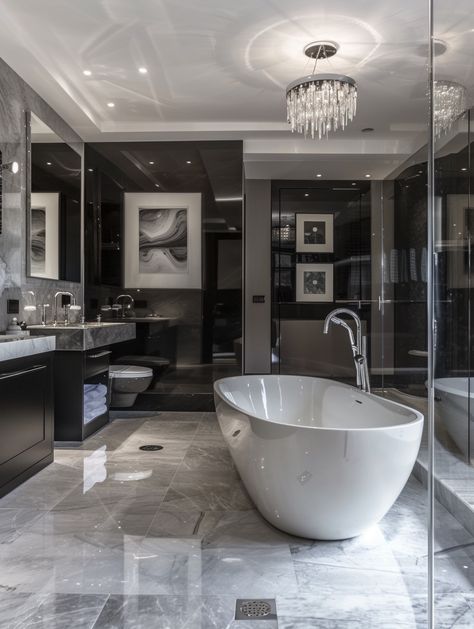 37 Explore Top Bathroom Decoration Ideas Big Aesthetic Bathroom, Bathtub With Fireplace, Couples Bathroom Ideas, Dark Modern House Interiors, Apartment Bathroom Aesthetic, Black Luxury Bathroom, Luxury Guest Bathroom Ideas, Dream Bathroom Luxury, New York Bathroom