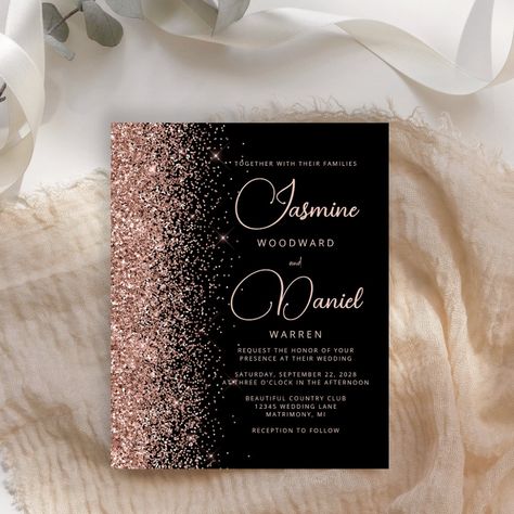 Rose Gold And Black Wedding Invitations, Light Pink Black And Gold Wedding, Rose Gold And Black Wedding Theme Bridesmaid Dresses, Black And Rose Gold Invitations, Rose Gold Blush Pink And Black Wedding, Rose Gold And Black Wedding Decor, Rose Gold Black Wedding Theme, Black And Pink Wedding Invitations, Black And Rose Gold Wedding Dress