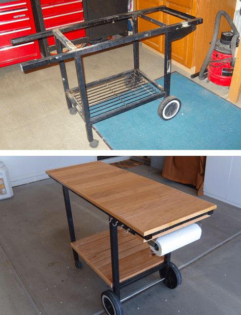 Grill Outside Ideas, Outdoor Prep Station Diy, Diy Grill Area Cheap, Repurposed Grill Diy Projects, Repurpose Old Grill Ideas, Outdoor Kitchen Bench, Outdoor Grill Table Diy, Outdoor Food Station, Grill Repurpose Ideas