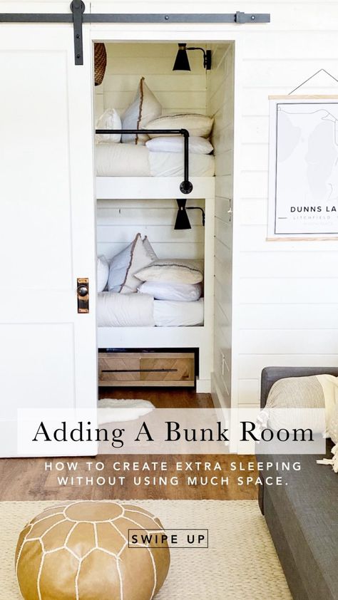 CABIN BUNK ROOM – BEFORE & AFTER – Proverbs 31 Girl Hallway Bunk Beds Built Ins, Built In Cabin Bunk Beds, Bunk Room Curtains, Grown Up Bunk Beds, Small Bunk Rooms, Small Lake House Bedroom Ideas, Camp Bunk Room, Bunk Room Dimensions, Lake House Bunk Room Ideas