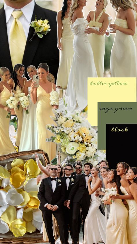 yellow green and black wedding color scheme. pale yellow, sage green, and black Yellow And Tan Wedding, Pale Yellow And Sage Green Wedding Theme, Spring Wedding Colors Yellow, Fall Wedding Colors Yellow, Sage Green And Yellow Wedding Theme, Butter Yellow Wedding Theme, Bridesmaid Themes Color Schemes, Black And Yellow Wedding Theme, Yellow And Green Wedding Theme