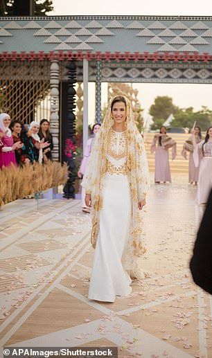 Crown Prince Hussein of Jordan's wedding causes controversy as marquee is erected in protected area | Daily Mail Online Jordan Royal Wedding, Princess Rajwa, Queen Rania Of Jordan, Rania Of Jordan, Royal Wedding Gowns, Party Queen, Wedding Henna, Henna Party, Queen Rania