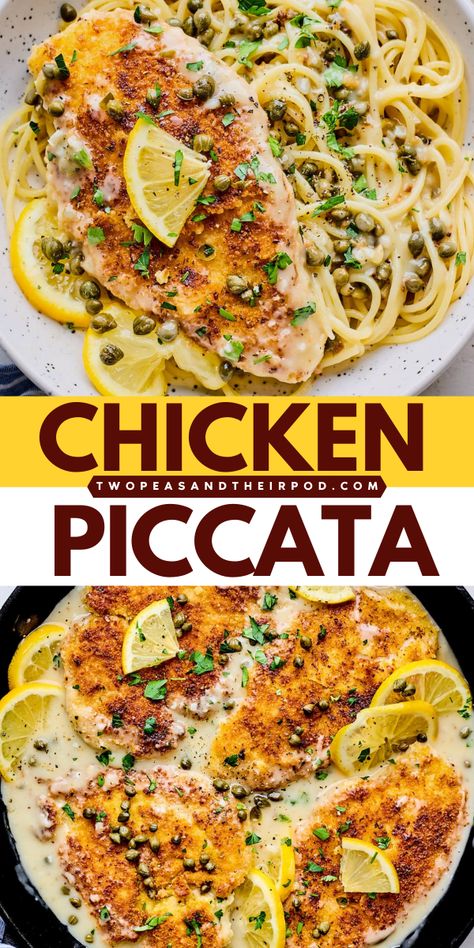 Looking for the best chicken dinner recipe? This classic Chicken Piccata is a crispy pan-fried chicken with a flavorful lemon butter caper sauce. Add this chicken recipe to your family's weeknight dinner ideas! Chicken Piccata With Lemon Caper Sauce, Chicken Piccata With Spaghetti, Caper Chicken Recipe, Chicken Pacata And Pasta, Chicken Piccata With Pasta, Air Fryer Chicken Piccata, Chicken Capers Recipe, Lemon Caper Chicken Pasta, Best Chicken Piccata Recipe