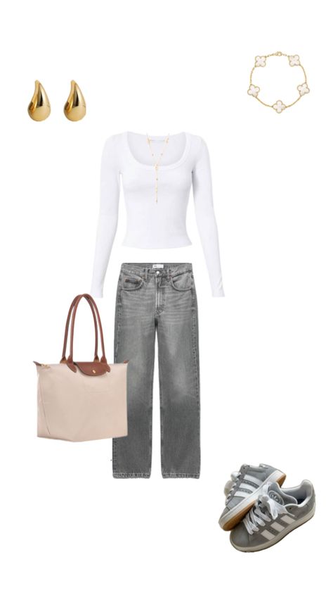 Cette outfit est composer de un jean large gris clair, un haut mâché longue moulant blanc, une paire de campus grise, un sac à main longchamp, des boucles d’oreil et un bracelet Longchamp Outfit, Outfit Campus, Ootd Jeans, Jean Large, Modest Outfits, Jean Outfits, Fall Outfits, Outfit Inspirations, Ootd