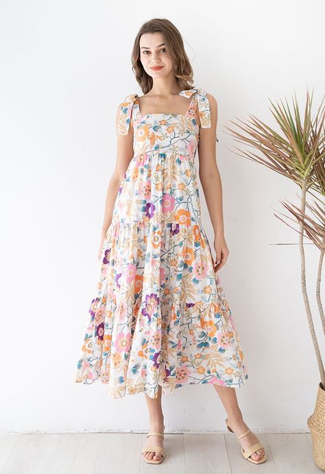 Summer Scenery, Maxi Frocks, Elastic Shirring, Floral Headdress, Roman Sandals, Led Dress, Blossom Print, Fashion Buyer, Plum Blossom