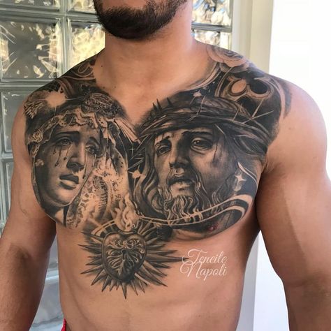 Jesus Chest Tattoo, Religious Tattoo Sleeves, Mother Mary Tattoos, Chest Tattoos For Men, Jesus Christ Tattoo, Jesus Tattoo Design, Tato Salib, Full Chest Tattoos, Tato Dada