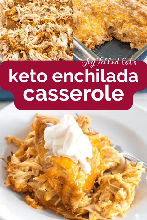 Everyone in the family will love this delicious Keto Enchilada Casserole. Made with just simple ingredients and loaded with flavor. Fill up your plates and dig into this hearty comfort recipe that has just 4.5 net carbs per serving. This simple enchilada recipe is keto-friendly, low carb, and THM, too. Simple Enchilada Recipe, Keto Enchilada Casserole, Easy Enchilada Recipe, Thm Meals, Low Carb Enchiladas, Low Carb Mexican, Enchilada Recipe, Keto Casserole, Joy Filled Eats