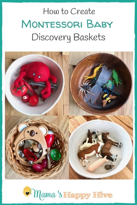 How to Create Montessori Baby Discovery Baskets and Free Printable Baby Treasure Basket, Montessori Activities Baby, Sensory Basket, Treasure Basket, Baby Play Activities, Montessori Toddler Activities, Learning Games For Kids, Baby Learning Activities, Baby Education