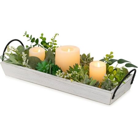 The perfect addition to your home decor collection! Use this decorative tray to hold your favorite candles, vases, or other decorative items, making it a perfect centerpiece for your dining room or coffee table. Alternatively, you can use this serving tray to organize your living room, countertops, or even toiletries, tissues, and lotion over the bathroom sink. Get your hands on this multi-functional tray today and add a touch of elegance and rustic charm to your home decor collection! Size: Siz Rectangular Kitchen Table Centerpiece, Low Centerpieces Dining Room, Farmhouse Centerpiece Table Dining Rooms, Rectangular Table Centerpiece, Rectangle Table Decor, Table Centerpieces For Home, Kitchen Table Centerpiece, Rustic Candle, Commitment Issues