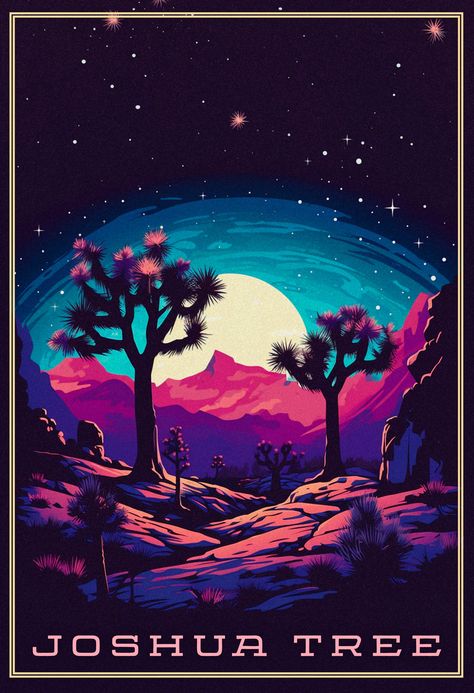 Joshua Tree Artwork, Joshua Tree Night Sky, Joshua Tree At Night, Location Posters, Joshua Tree Art, Travel Signs, Desert Artwork, Park At Night, California Aesthetic