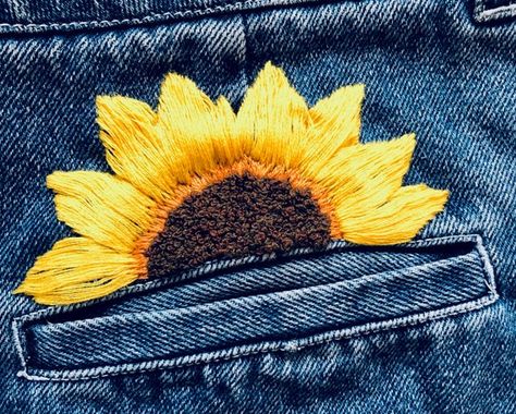 Jean Skirt | Hand Embroidered | Sunflower | Jean Pocket Designs Embroidery, Jean Pocket Embroidery Simple, Sunflower Jeans Embroidery, Embroider Jeans Back Pocket, Jean Pocket Embroidery Flowers, Easy Hand Embroidery, Embroidery Jeans Diy, Denim Embroidery, Clothes Embroidery Diy