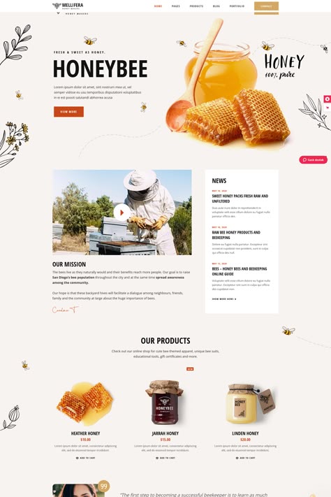 The "Mellifera" WordPress theme is a beekeeping and honey shop theme designed for creating websites related to beekeeping, honey production, and related products. It offers a range of features and customization options to showcase your products, educate visitors about beekeeping, and promote your business. Honey Website Design, Honey Products Ideas, Juice Website, Bee Honey Design, Honey Branding, Honey Production, Honey Label Design, Honey Store, Creating Websites