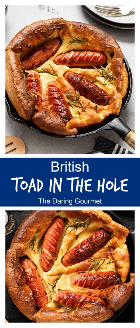 Toad in the Hole British Food Recipes, Toad In The Hole Recipe, Irish Foods, Yorkshire Pudding Recipes, British Cooking, Toad In The Hole, British Recipes, British Dishes, English Pub