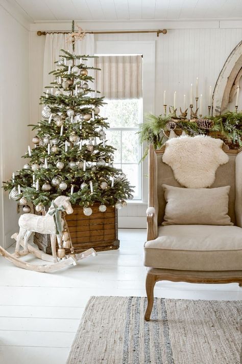 a festive Christmas decorated living room with Andersen white double-hung windows with grilles Log Centerpieces, French Country Christmas, Liz Marie, Liz Marie Blog, Christmas Is Over, French Christmas, Christmas Living Rooms, Christmas Mantels, French Farmhouse