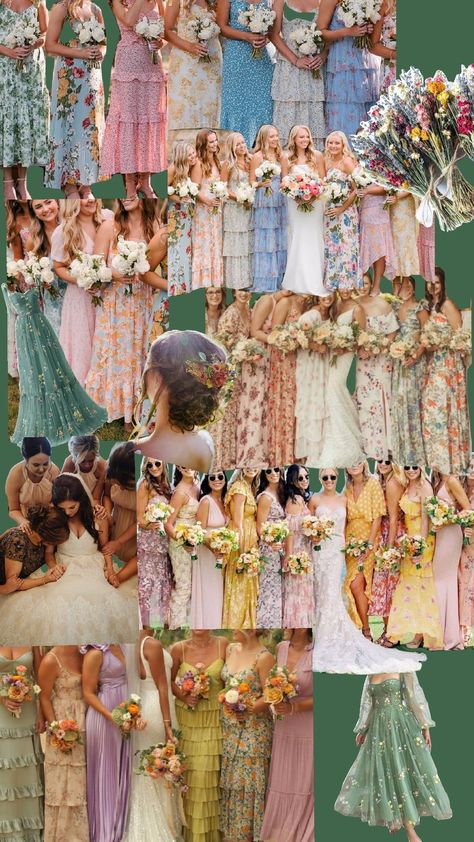 Fairy Wedding Theme Bridesmaid Dresses, Floral Print Bridesmaids, Bridesmaid Dresses Pallet, Whimsical Garden Bridesmaid Dresses, Colour Palette Bridesmaid Dresses, Spring Colors Bridesmaid Dresses, Mismatched Bridesmaid Dresses Floral, Bridesmaid Dress Themes, Multicolored Bridesmaids Dresses Spring