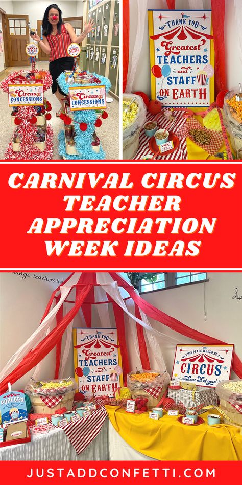 Step right up! If you are planning a PTA or PTO Carnival Circus Teacher Appreciation Week in the future, then this is the post for you! From our popcorn bar, staff luncheon, lottery ticket gifts, "chalk the walk" celebration, and our Circus Concessions carts...this post has so many fun teacher and staff appreciation ideas! Also, I designed a bunch of fun circus teacher appreciation themed decorations and printables. Find all of the party printables in my Just Add Confetti Etsy shop! Carnival Themed Teacher Appreciation, Teachers Luncheon Ideas, Teacher Appreciation Week Carnival Theme, Carnival Theme Staff Appreciation, Popcorn Appreciation Ideas, Teacher Appreciation Week Pto Ideas, Pto Valentines For Teachers, Teacher Popcorn Bar, Pta Luncheon Ideas