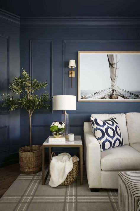 Benjamin Moore Van Deusen Blue Den decor ideas cozy and warm (1) Deep Blue Living Room Walls, Den Decor Ideas, Bm Van Deusen Blue, Van Deusen Blue Benjamin Moore, Benjamin Moore Van Deusen Blue, Van Deusen Blue, Blue Walls Living Room, Design Style Quiz, Den Decor