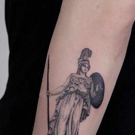 @justynatattoos on Instagram: "Athena statue for one and only Lucy K . . . . . . . . . . . . . . . . . . . . . #tattoo #tattoos #tattooed #microrealism #tattooart #manchestertattoo #manchestertattooist #manchestertattooartist #mcr #justynatattoos #manchesterlife #customtattoo #athena #tattoolovers #tattoooftheday #tattoomagazine" Athena Symbol Tattoo, Athena Tattoos, Athena Symbol, Greek Goddess Tattoo, Artemis Tattoo, Fierce Tattoo, Athena Tattoo, Greek God Tattoo, P Tattoo