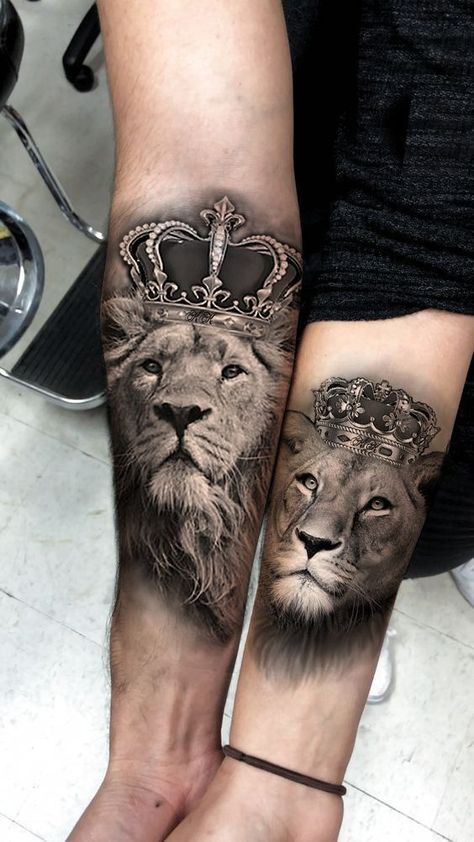 Couples Lion Tattoo, Lion And Lioness Tattoo, Lioness Tattoo Design, Lion Shoulder Tattoo, Lion Hand Tattoo, Lioness Tattoo, Lion Tattoo Sleeves, Mens Lion Tattoo, Couple Tattoos Unique