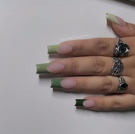 Medium Square Acrylic Nails Sage Green, Tapper Square Acrylic Nails Short, Different Shades Of Green Nails Acrylic, Black Snakeskin Nails, Hunter Green French Tip Nails, Green And Nude Acrylic Nails, Pink And Green French Tip Nails, Green Inspo Nails, Tapper Nails