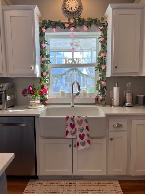 Kitchen Window Decor, Vday Decor, Diy Valentine's Day Decorations, Kitchen Cabinets Decor, Diy Valentines Decorations, My Funny Valentine, Cabinet Decor, Fireplace Decor, Holiday Home Decor