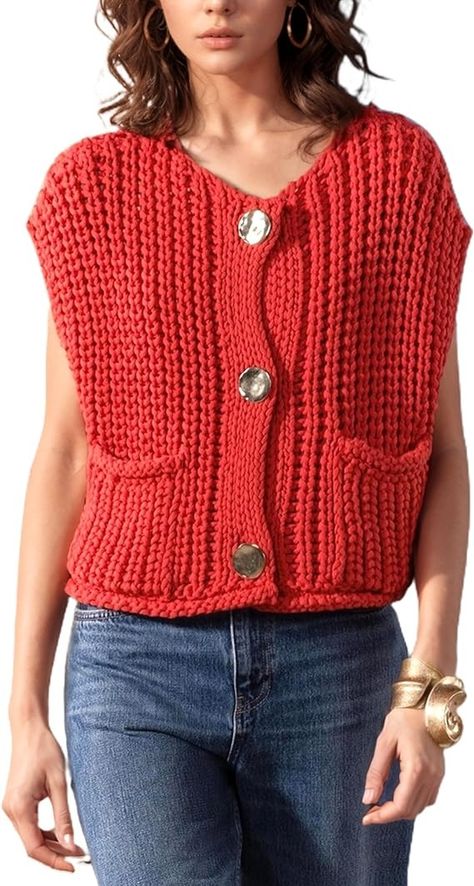 Hvewarm Womens Casual Chunky Knit Vest Gold Button Down Crop Crochet Sleeveless Sweater Vest(Red-M) at Amazon Women’s Clothing store Chunky Knit Vest, The Cardigans, Womens Knit Tops, Cardigan Sweater Vest, Grown Women, Sewing Diy, Button Cardigan, Knitting Ideas, Chunky Sweater