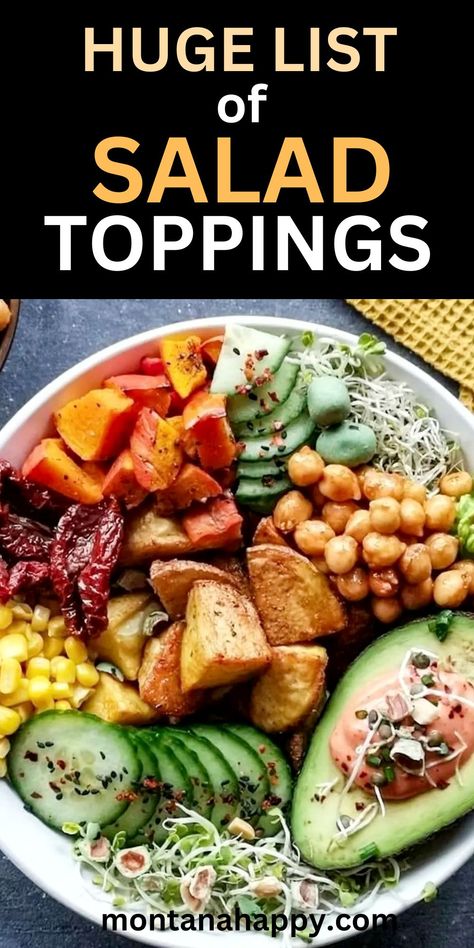 Great Salad Ideas, Easy Salad Toppings, Salad Toppings Ideas Healthy Recipes, Best Salad Toppings, Salad Fixings Ideas, Salad Toppings Ideas List, Healthy Salad Toppings, Salad Bar Toppings, Salad Toppings Ideas