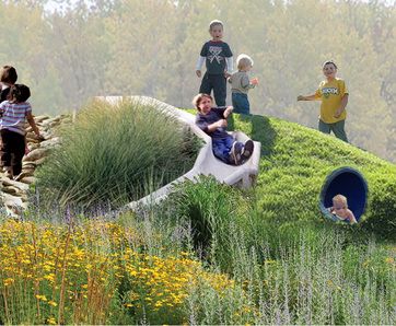 Grass slopes / tunnels / slides / rocky climbing - this has it all. I WANT Natural Play Spaces, Outdoor Play Spaces, Play Garden, Sensory Garden, Children Park, School Playground, Natural Playground, Children's Garden, Playground Design