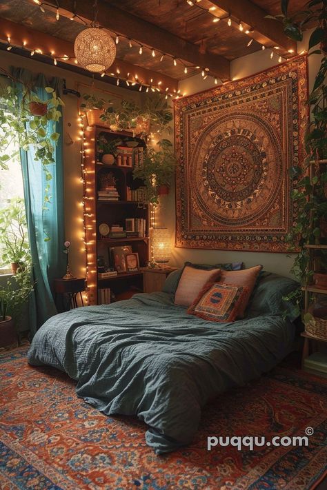 Cozy Bohemian Bedroom Vintage, Boho Hippy Bedroom, Floral Room Aesthetic, Orange Boho Bedroom, Barracks Room, Hippie Room Ideas, Bedroom Baddie, Chic Boho Bedroom, Boho Bedroom Wall Decor