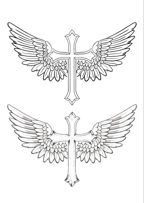 Half Sleeve Tattoo Stencils For Men Leg, Cross With Wings Tattoo Neck, Tattoo Outline Designs For Men, Cross With Wings Tattoo Stencil, Cross Wings Tattoo Design, Shaded Angel Wings Tattoo, Cross And Angel Wings Tattoo, Cross And Wings Tattoo Design, Mens Rose Tattoos