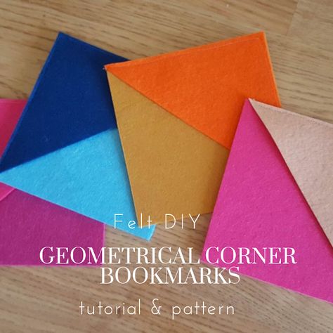 DIY Geometrical corner bookmarks - tutorial and pattern Felt Corner Bookmark, Bookmark Tutorial, Bookmark Crochet, Handmade Bookmarks Diy, Felt Bookmark, Corner Bookmark, Felt Squares, Diy Wool, Book Maker