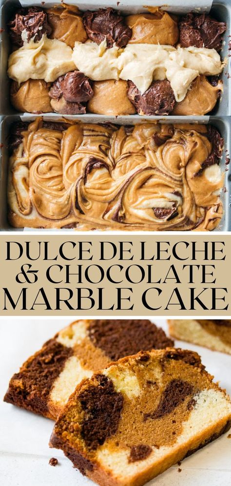 A trio of flavors combine in this stunning chocolate, dulce de leche and vanilla marble cake. Each slice reveals a swirled pattern of all these delicious flavors. Vanilla Loaf Cake, Loaf Cake Recipes, Making Cakes, Patterned Cake, Crunch Cake, Community Support, Marble Cake, Classic Cake, Loaf Cake