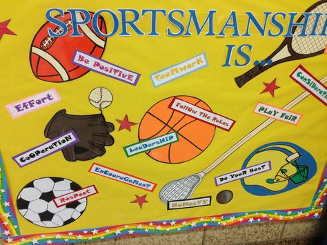 Sportsmanship and teamwork. Mvp Sports Bulletin Board, Sportsmanship Bulletin Board Ideas, Sportsmanship Poster, School Photo Booth Ideas, Sports Bulletin Boards, Middle School Crafts, Physical Education Bulletin Boards, Pe Bulletin Boards, School Counseling Bulletin Boards