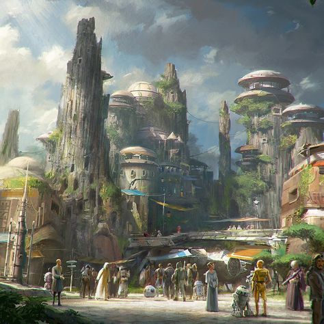 The soon-to-open “Star Wars” lands at Disneyland and Walt Disney World will immerse visitors in the fictional world of the planet Batuu. Star Wars Land, Apocalypse Landscape, Land Scapes, Mc Ideas, Edge Of The Empire, Desert Town, Grim Dark, Desert Moon, Background Paint