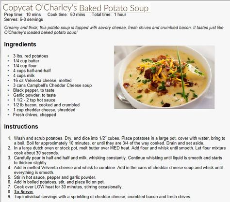 Copycat O'Charley's Loaded Baked Potato Soup O’charleys Potato Soup Recipe, Old Charlie's Potato Soup, Ole Charleys Potato Soup, O Charleys Loaded Potato Soup, O Charleys Potato Soup, Ocharleys Loaded Potato Soup, O Charleys Potato Soup Recipe, Cook Potatoes, Loaded Potato Soup