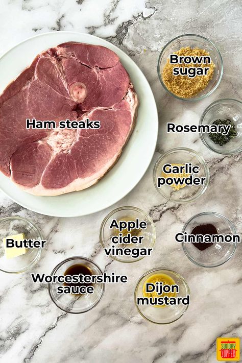 How to Cook Ham Steak - Sunday Supper Movement Ham Steak Meals, Ham Steaks In Crockpot, Bone In Ham Steak Recipes, Ham Steaks Oven, Crockpot Ham Steak, Smoked Ham Steak Recipes, How To Cook Ham Steak, Fresh Ham Steak Recipes, Ham Steak Recipes Baked In Oven