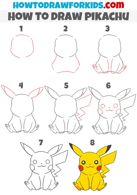 How to Draw Pikachu | Easy Drawing Tutorial For Kids Pikachu Step By Step Drawing, How To Draw Pickachoo, How To Draw Pikachu Easy, Pikachu How To Draw, Manga Drawing For Kids, Picachu Pictures Drawing Step By Step, Picatchou Pokemon Drawing, Pikachu Drawing Easy Step By Step, Picacho Drawing