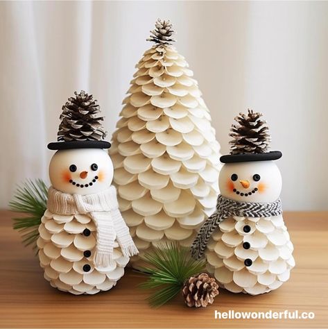 Pine cone snowman craft. Pine cone Christmas craft. White Pinecones Diy, Pine Cone Snowman Craft, Pine Cone Elf Ornaments, Pine Cone Crafts Animals, Pine Cone Crafts Knomes, Angel Pinecone Ornaments, Pinecone Projects For Christmas, Holiday Pinecone Crafts, Painted Pinecones Christmas