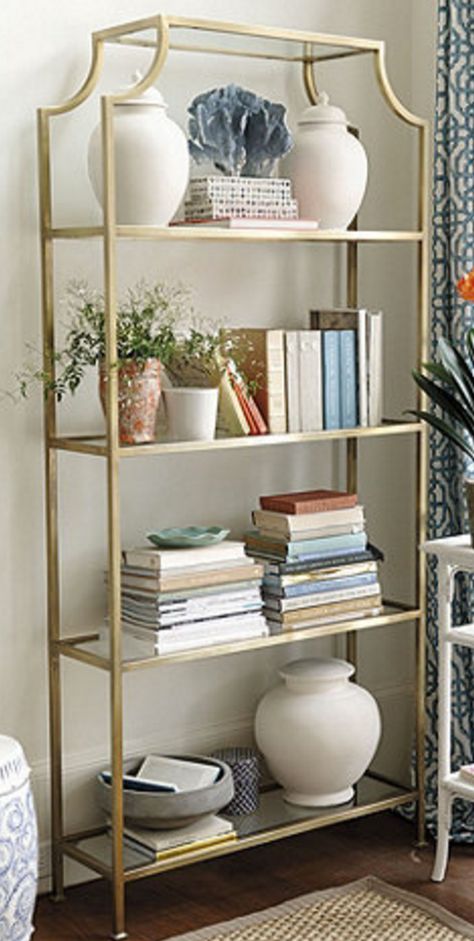 Gold Shelf Styling, Gold Bookshelf Decor, Etagere Bookcase Styling, Gold Etagere Bookcase Styling, Gold And Glass Bookshelf, Gold Metal Storage Shelf, Gold Bookcase Lowe's, Vintage Gold Book Shelf, Gold Etagere