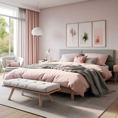 10+ Inspirational Pink Scandinavian Bedroom Designs to Adore • 333+ Images • [ArtFacade] Grey Pink Room Bedrooms, Bedroom Inspirations Pink And Grey, Pink Bed Bedroom Ideas, Gray Luxury Bedroom, White Grey Pink Bedroom, Grey Pink Bedroom Ideas, Dusty Pink And Grey Bedroom, Big Modern Bedroom, Modern Classical Bedroom