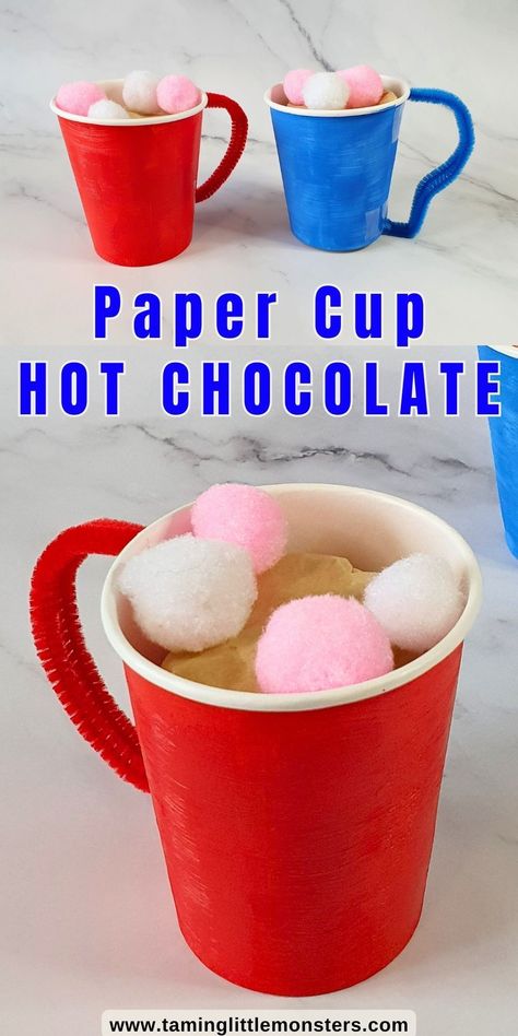 Paper Cup Hot Chocolate Craft for Kids. A fun art and craft activity for kids to try this Winter or Christmas. Perfect for preschoolers and kindergarteners. #artsandcrafts #winter #christmas #preschool #kindergarten Hot Chocolate Christmas Ornaments Diy, Preschool Hot Chocolate Craft, Hot Cocoa Activities For Toddlers, Hot Chocolate Art Preschool, Hot Chocolate Day At School, Hot Chocolate Crafts For Toddlers, Hot Chocolate Party For Kids, Hot Chocolate Craft Preschool, Hot Chocolate Art Project For Kids