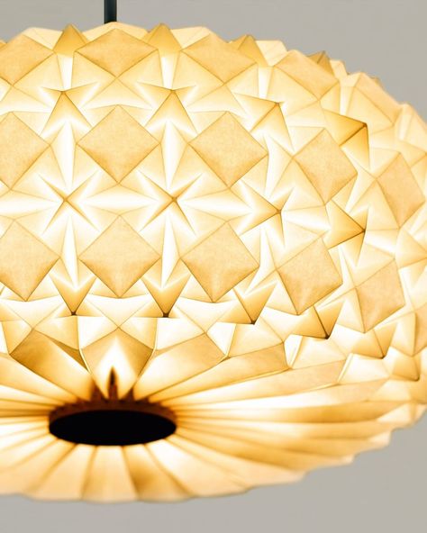 We LOVE these origami tessellation on our 96 Molecules Pendant! Did you know we fold it all by hand? 🎨 Origami Tessellation, Origami Furniture, Origami Lights, Origami Lamp, Wooden Canopy, Origami Artist, Paper Carving, Paper Lampshade, Instagram Wallpaper