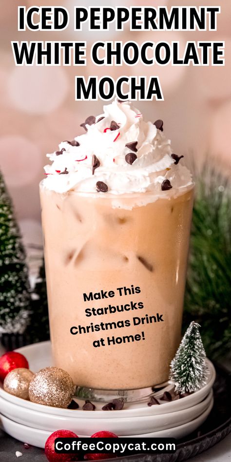 Experience the magic of the holidays with my Starbucks-inspired iced peppermint white chocolate mocha. Brew joy at home with this easy and refreshing winter coffee recipe. Celebrate the season with this heartwarming homemade Starbucks copycat Christmas drink that adds a touch of magic to every moment. #starbucksrecipeswinter #starbuckscopycatrecipe Starbucks Peppermint White Mocha, Copycat Coffee Drinks, Holiday Drinks Coffee, Christmas Starbucks Recipes, Iced Peppermint Mocha Recipe, Christmas Coffee Drink Recipes, Winter Coffee Drinks Recipes, Coffee Bar Menu Ideas, Christmas Coffee Ideas