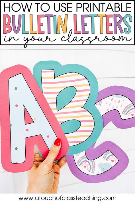 Wondering how to use printable bulletin letters to elevate your classroom? Check out this post for 4 simple ways to use cute bulletin letters plus 3 easy steps you can take to make the process easier. Teaching Boards Ideas, Large Bulletin Board Letters, Diy Alphabet Letters For Wall, Creativity Starts Here Bulletin Board, Canva Fonts For Bulletin Board, Above Board Decor Classroom, Teacher Name Bulletin Board Ideas, Bulletin Board Fonts Printable Letters, Look What We Made Bulletin Board