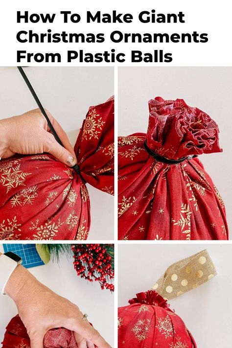 Learn how to make giant Christmas ornaments out of plastic balls. These oversized Christmas baubles are inexpensive to make and look amazing Diy Large Ornament Balls Outdoor, Large Christmas Baubles Diy, Foam Balls Craft Christmas, Oversized Christmas Ornaments Diy, Diy Outdoor Ornament Balls, Diy Large Ball Ornaments, Diy Big Christmas Balls, Diy Oversized Ornaments, How To Make Large Christmas Ornaments