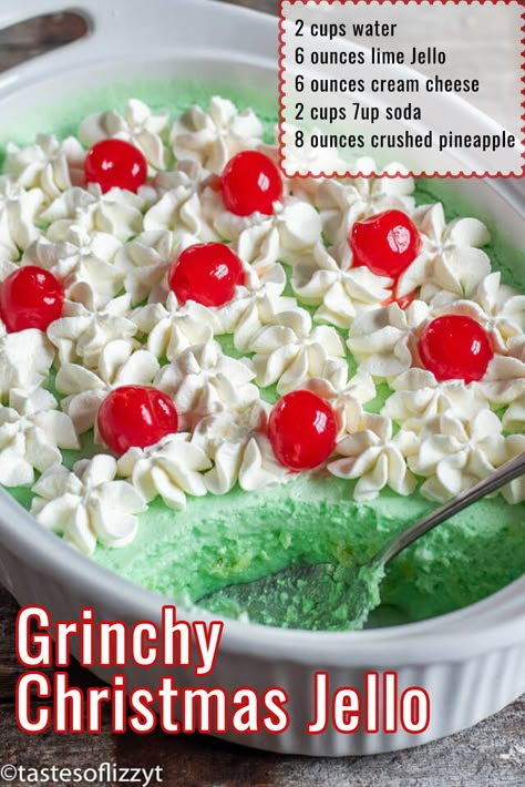 Jello Salads. Most people love them or hate them. Me? I LOVE them. I could literally eat them all day long and not get tired of them. This lime Jello salad is made with 7UP, cream cheese, Dream Whip and pineapple. A strange, but delicious combination! Grinch Salad, Jello Salads For Christmas, Jello And Cream Cheese Recipes, Grinch Jello Salad, Grinch Jello, Jello Salad With Cream Cheese, Easy Christmas Jello Desserts, Lime Salad Jello, Cream Cheese Jello