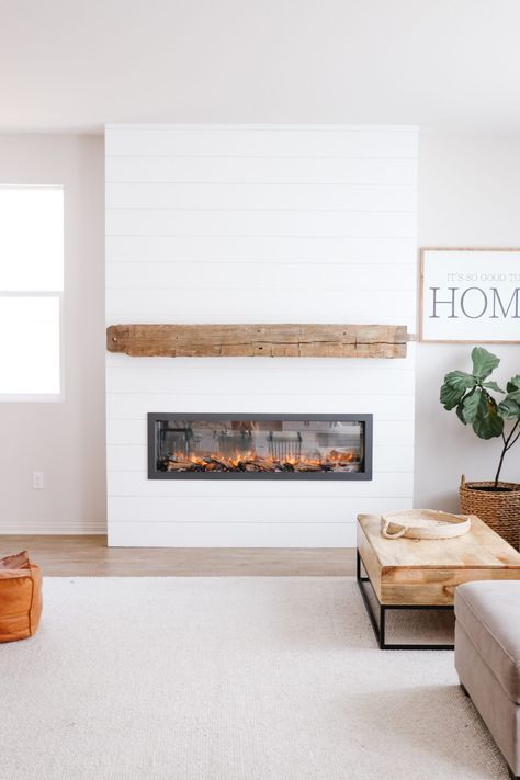 Ahiplap Fireplace, Shiplap Fireplace Diy With Tv, Electric Fireplace Modern Farmhouse, Modern Farmhouse Linear Fireplace, Electric Fireplace Diy Surround, Fireplace Ideas With Electric Fireplace, Diy Floor To Ceiling Fireplace, Electric Fireplace Builtins, Mantel Over Electric Fireplace