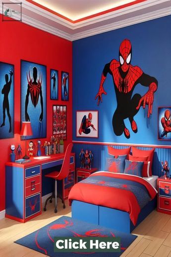 This article presents 32 creative and unique ideas for decorating a Spiderman themed room. From wall murals to bedding sets, there are plenty of options to transform a bedroom into a superhero-inspired space. The article also includes tips for incorporating Spiderman's signature colors of red and blue into the room Marvel Toddler Boy Room, Spiderman Room Boys, Spider Man Bedroom Ideas, Marvel Boys Bedroom, Spiderman Room Ideas, Spiderman Bedroom, Small Boys Bedrooms, Marvel Bedroom