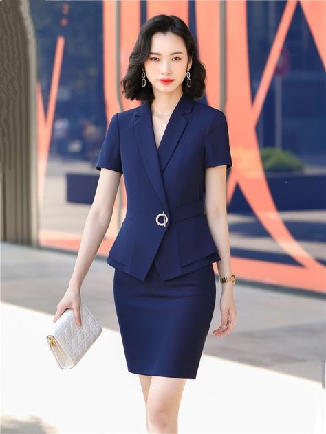 Short Sleeve Blazer Outfit, Skirt Suits For Women, Corporate Wears, Elegant High Fashion, Stylish Blazers, White Skirt Suit, Black Skirt Suit, Summer Two Piece, Skirt Elegant